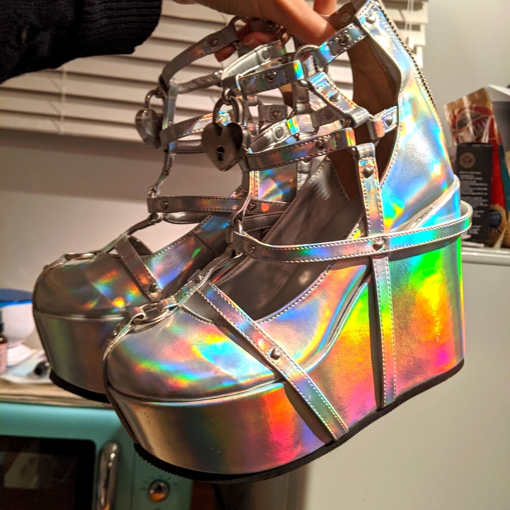 Demonia Silver Holographic Iridescent Platforms